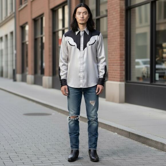 VTG Rockmount Silver & Black Satin Western Cowboy Shirt Pearl Snap Buttons S/M - Picture 2 of 8